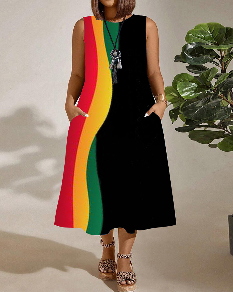 Juneteenth Colorblock Sleeveless Pocket A-Line Dress
