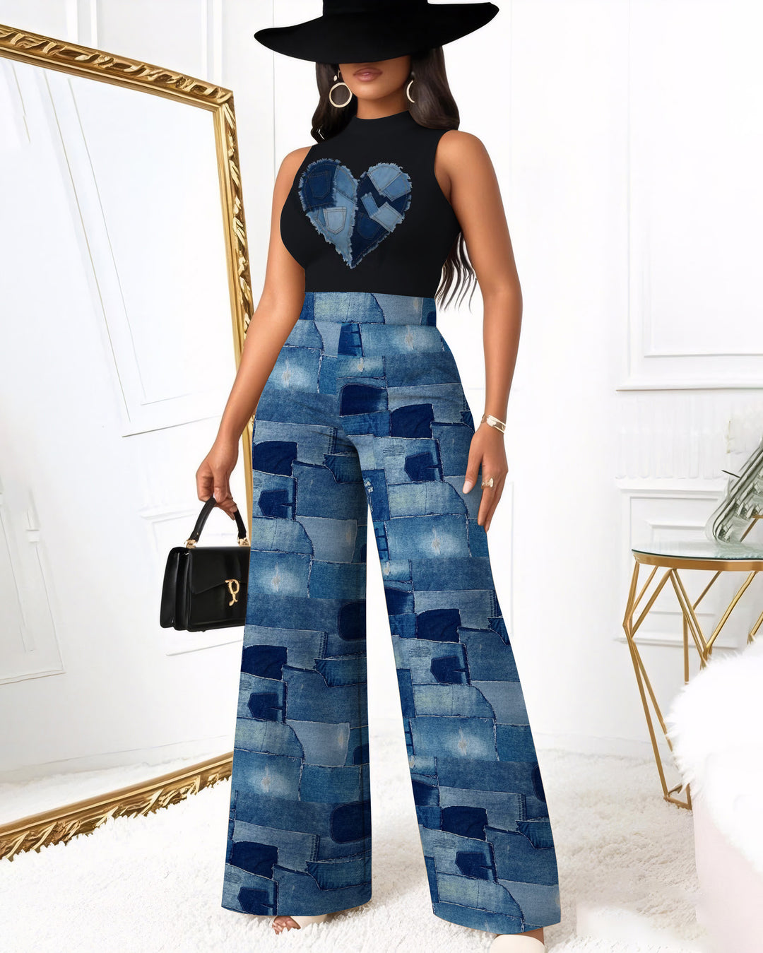 Round Neck Denim Patchwork Heart Wide Leg Jumpsuit