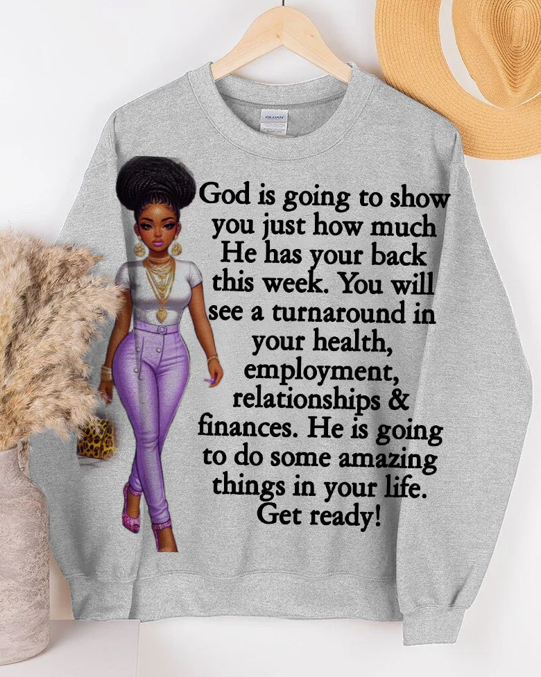 God Is Going To Show You Just How Much Letter Cartoon Print Long Sleeve Sweatshirt