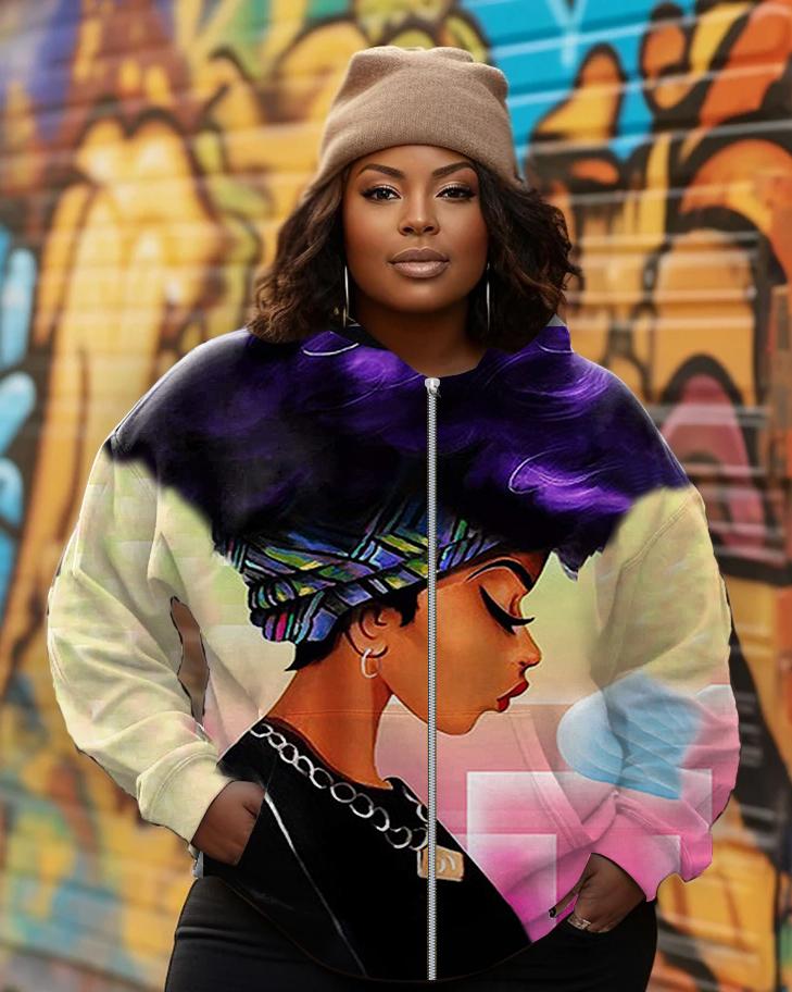 Hip Hop Brown Girl Zip Hood Long Sleeves Hoodie