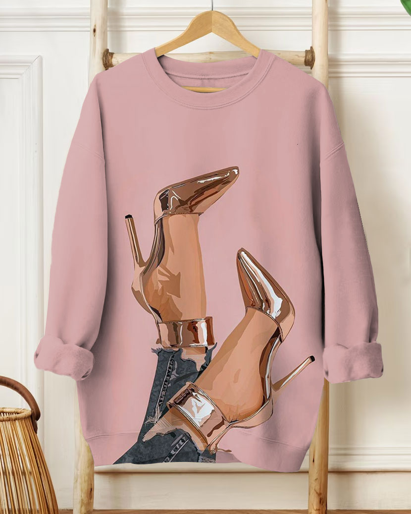 Women's Fashion Casual Shiny Pointed Stiletto Print Long Sleeve Sweatshirt