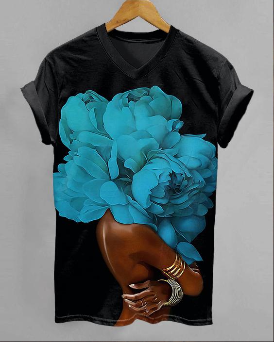 Blue Flower Art V-neck Short Sleeve Tshirt