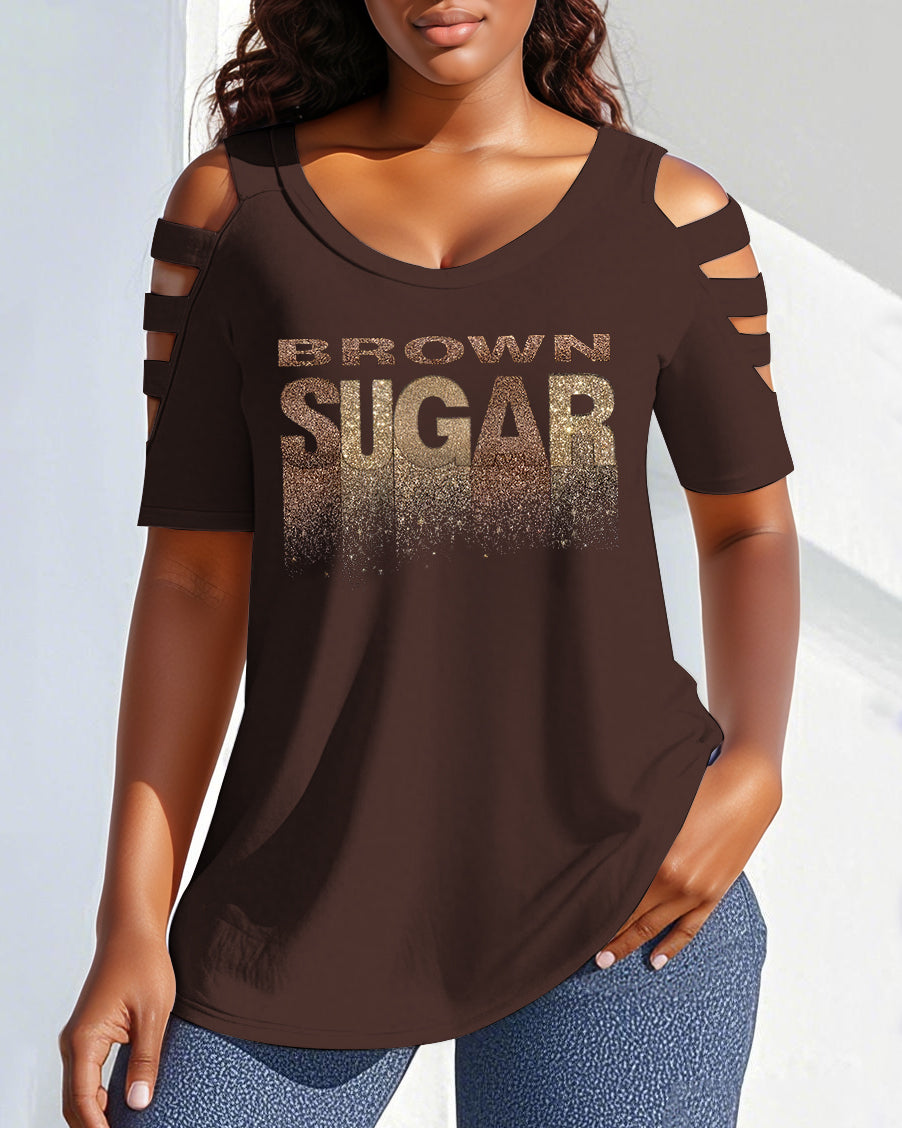 Brown Suger Round Neck Off-shoulder Short-sleeved T-shirt