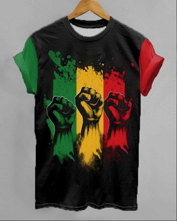 Black Juneteenth Fist Rise Contrast Printed Round Neck T-Shirt