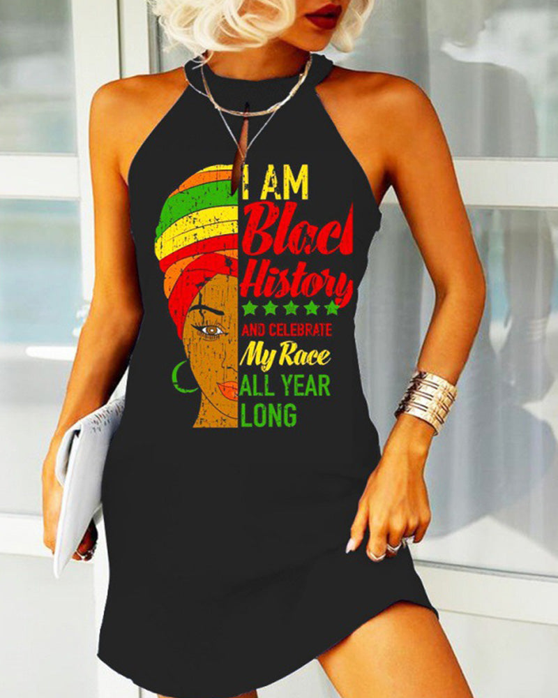 Contrasting Color Black Girl Head Letter Print Sleeveless Dress