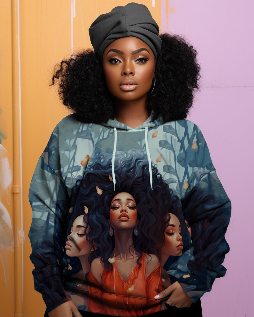 Women's Retro Color Block Black Wild Girls Long Sleeve Hoodie