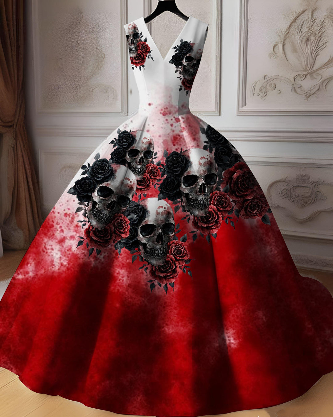 V-neck Halloween Fun Blood Skull Wedding Maxi Dress