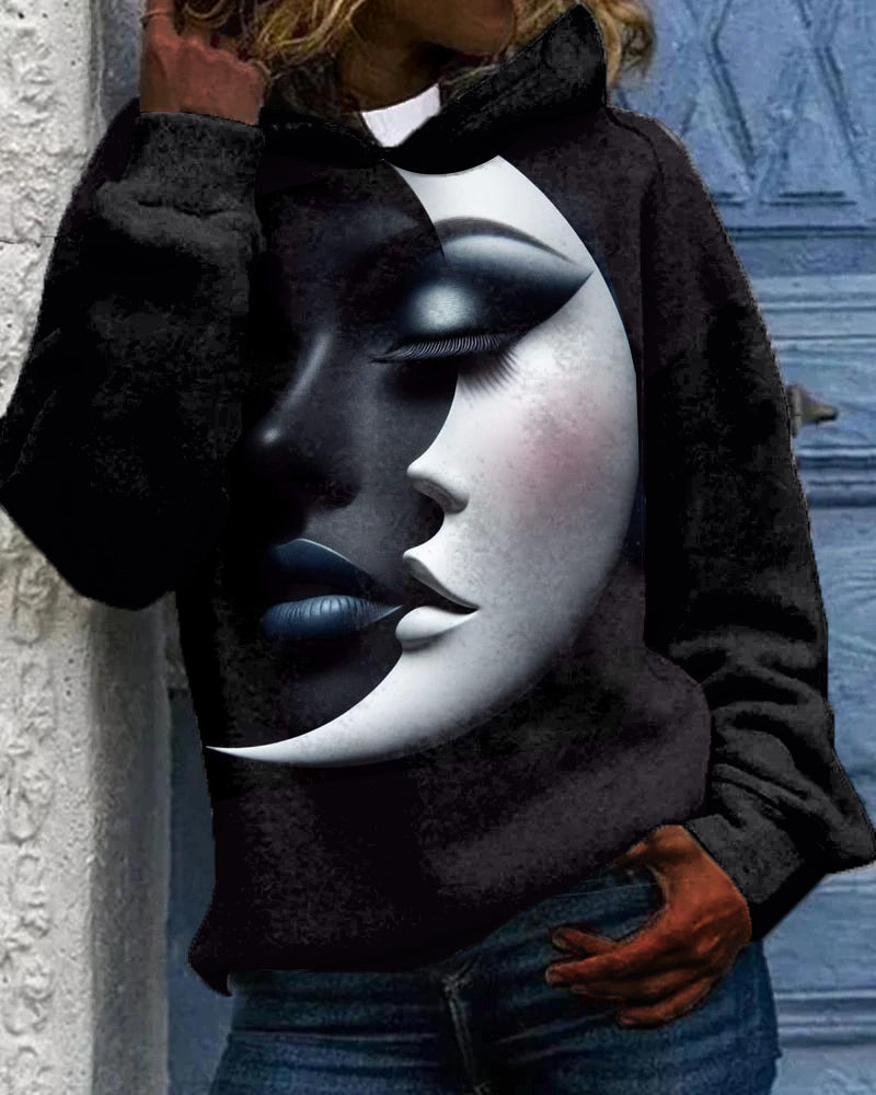 Fashion Abstract Art Night Moon Print Unisex Long-sleeved Hoodie