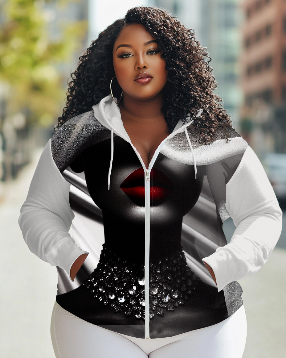 Jewelry Necklace Black Women Print Fashion Long Sleeve Zipper Hoodie