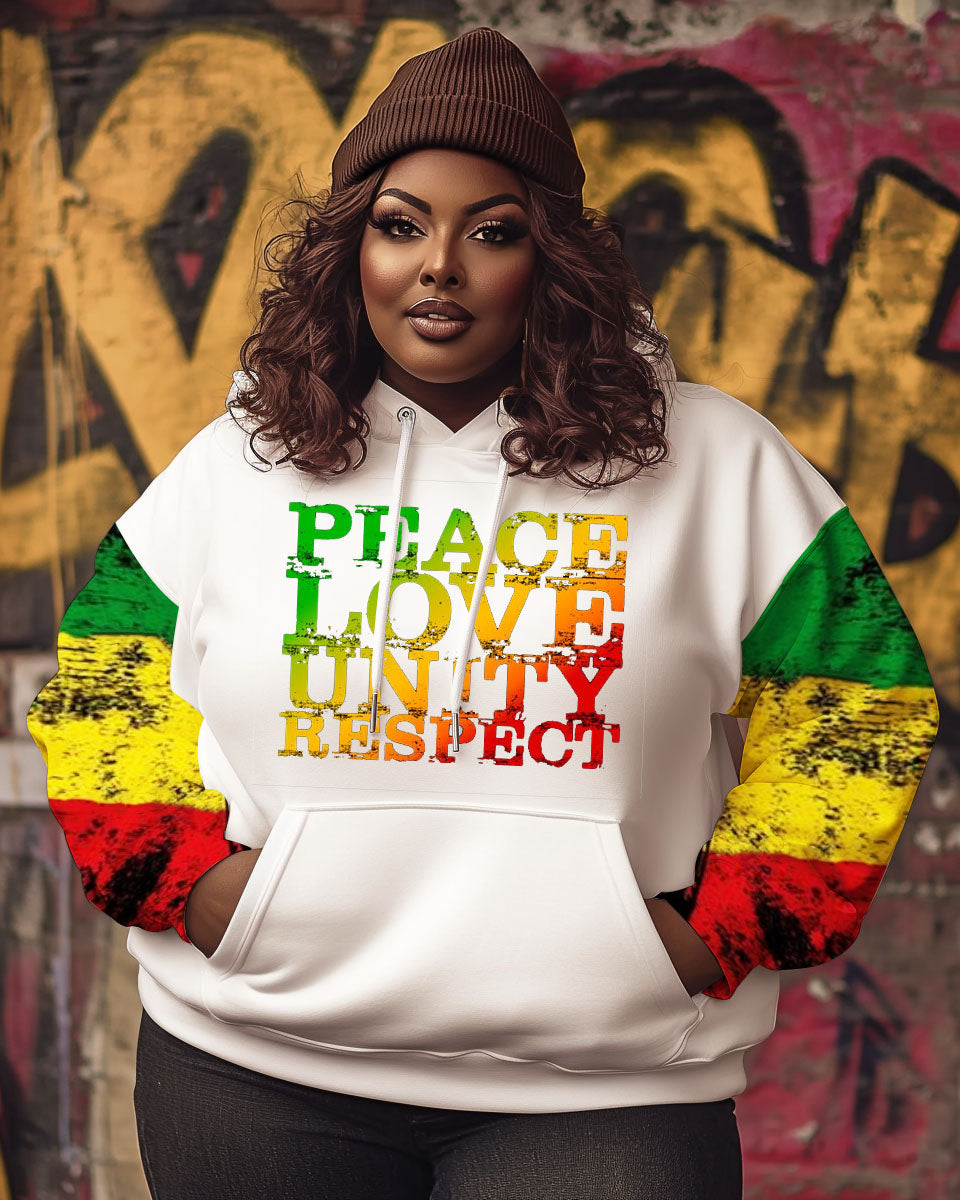 Women's Black Reggae Hip Hop Slogan Peace Love Unity Respect Hoodie