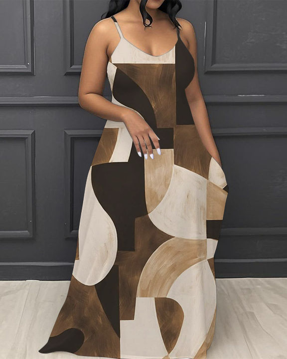 Geometric Retro Color Blocking V-Neck Pocket Cami Dress