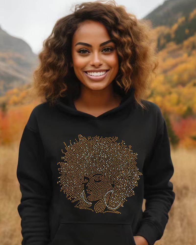 Contrast color black girl hot diamond print hoodie