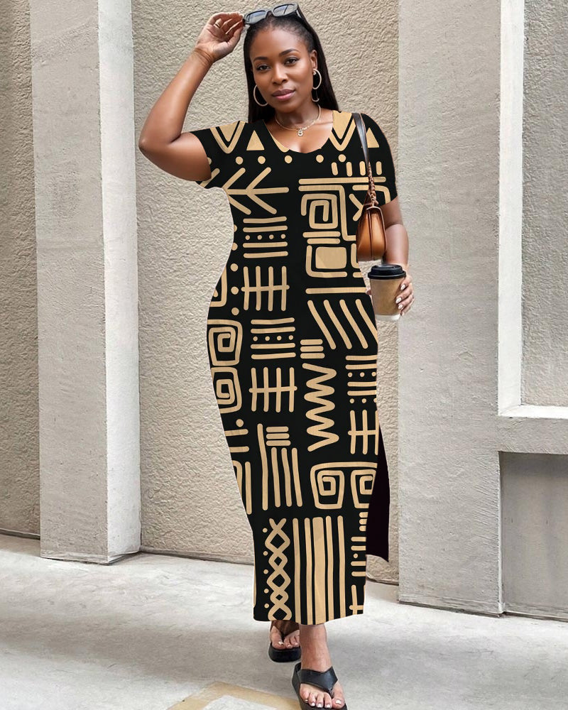 Retro Prints Round Neck Short Sleeve Slit Dress