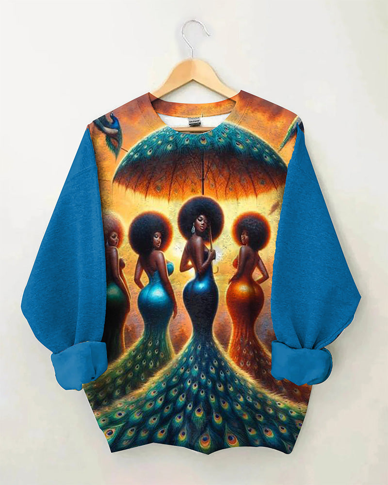 Black Girl Peacock Match Color Round Neck Long Sleeve Top