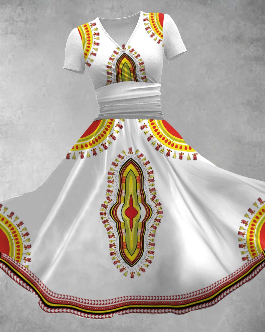 V Neck African Classic Traditional Print Maxi Dress