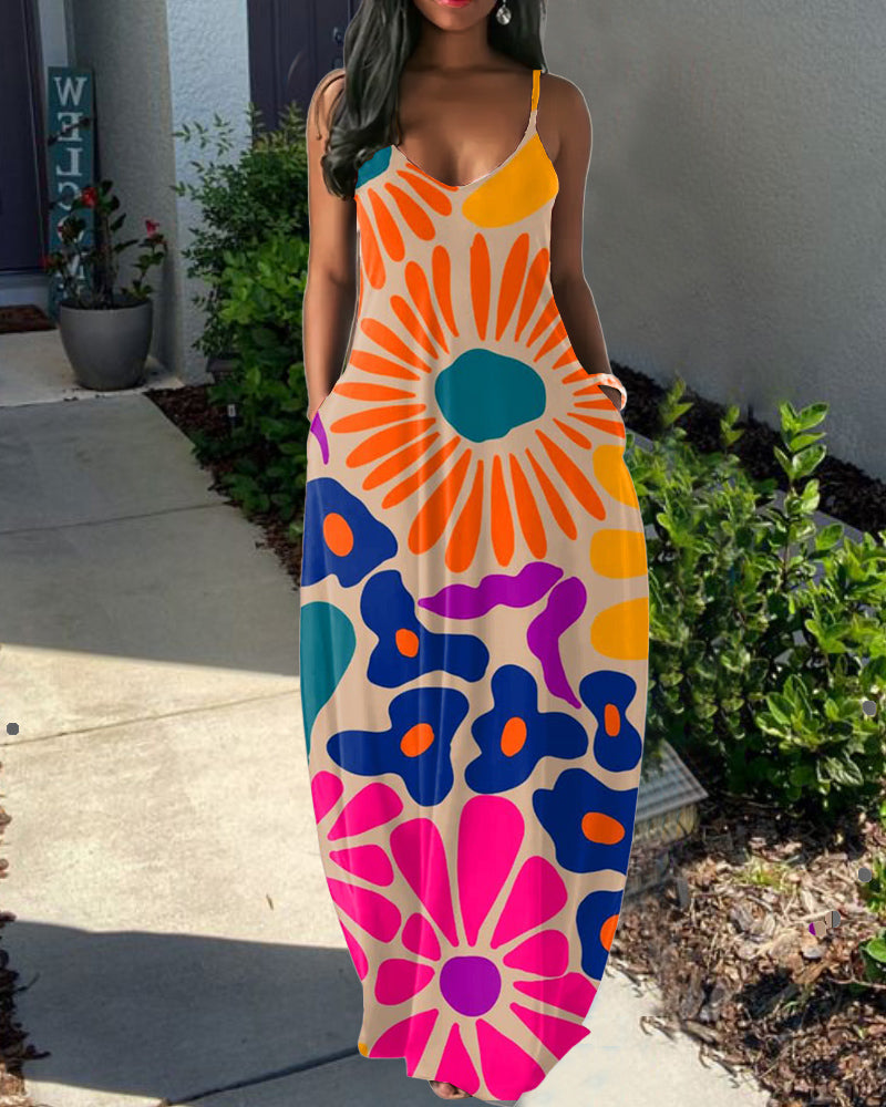Sling Bohemia Colorful Flower Art Print Pocket Dress