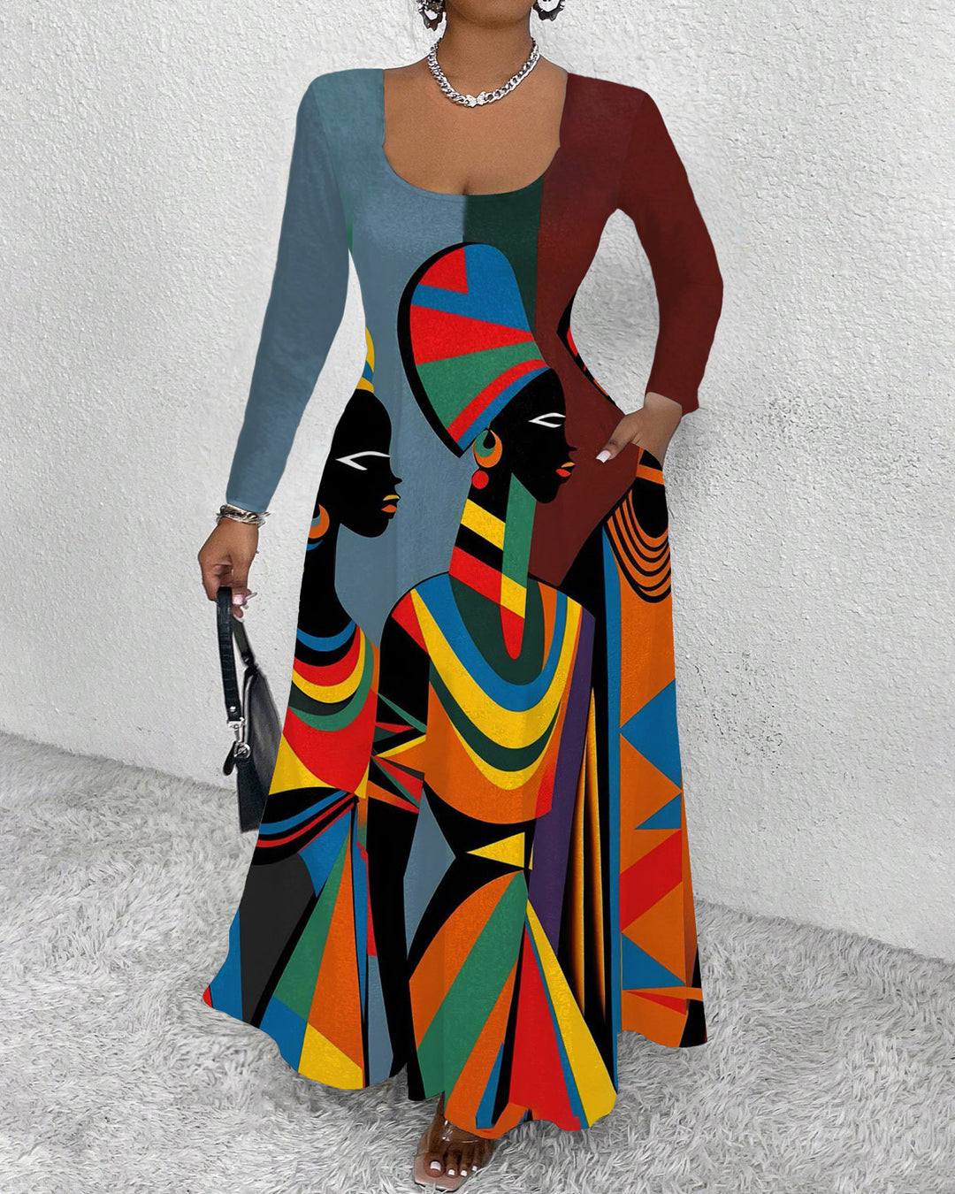 African Tribe Woman Round Neck Long Sleeve Maxi Dress