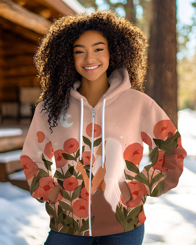 Moonlight Rose Printed Zippered Hooded Long-Sleeved Casual Hoodie