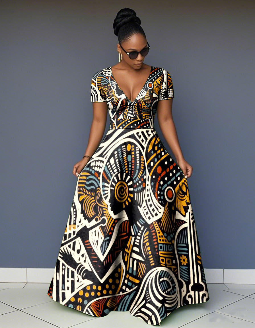 V Neck African Abstract Art Short Sleeve Maxi Dress