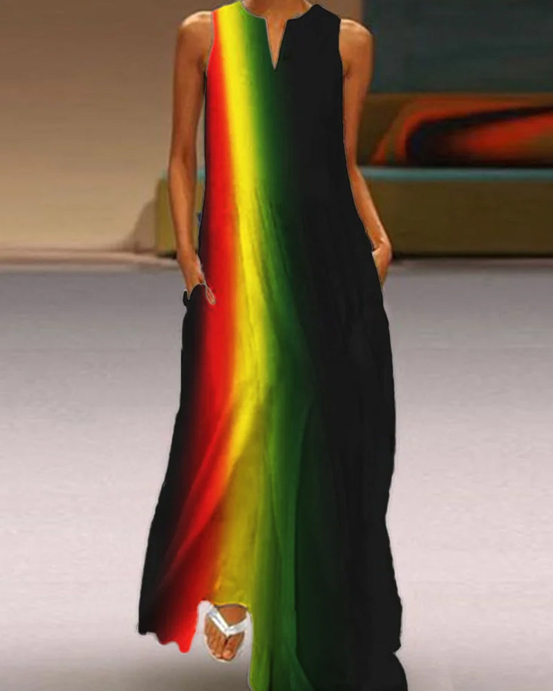 June Festival Color Contrast Print Sleeveless Casual Ladies Long Dress