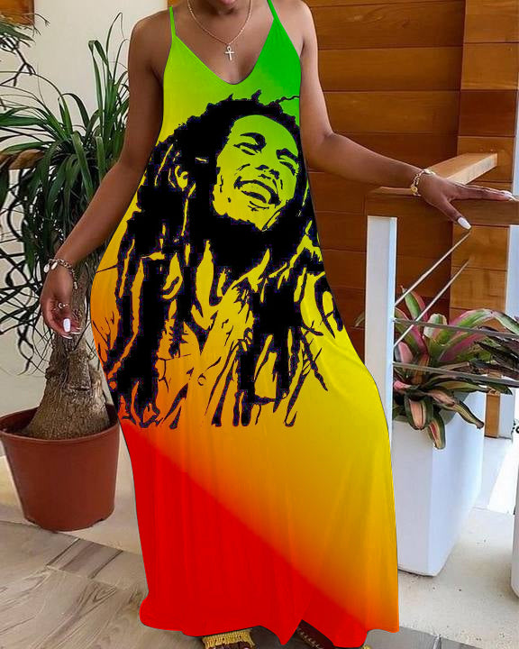 Reggae Print V-Neck Pocket Cami Dress