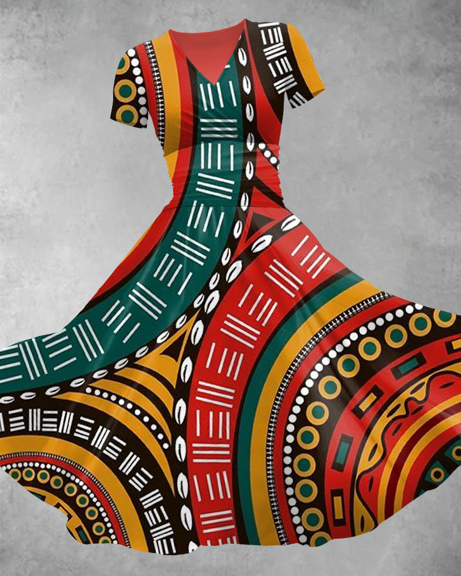 V Neck African Abstract Tribal Totem Maxi Dress