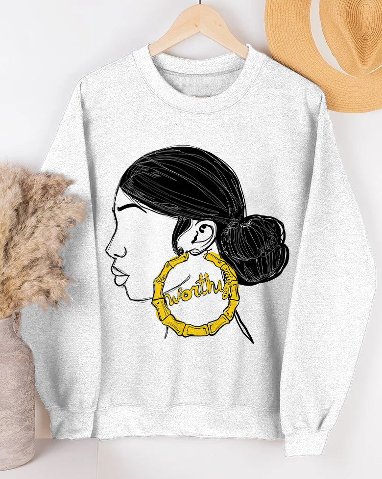 Women's Fashion Casual Worthy Earrings Women Art Prints Long-sleeved Sweatshirt
