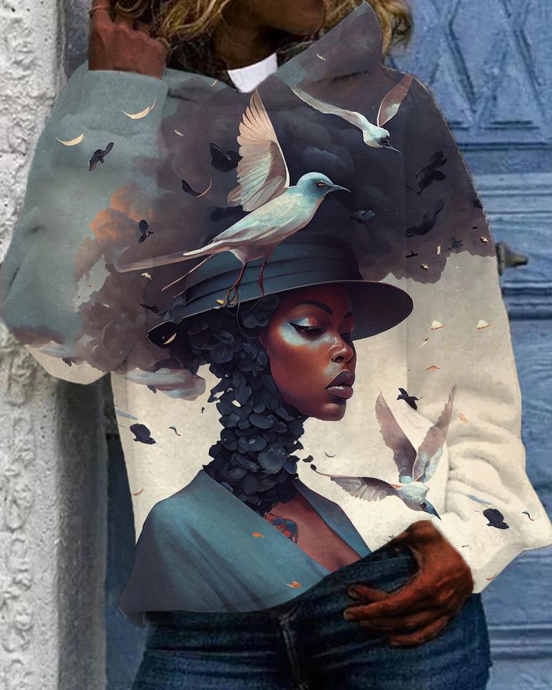 Art Black Girl White Pigeon Print Hoodie