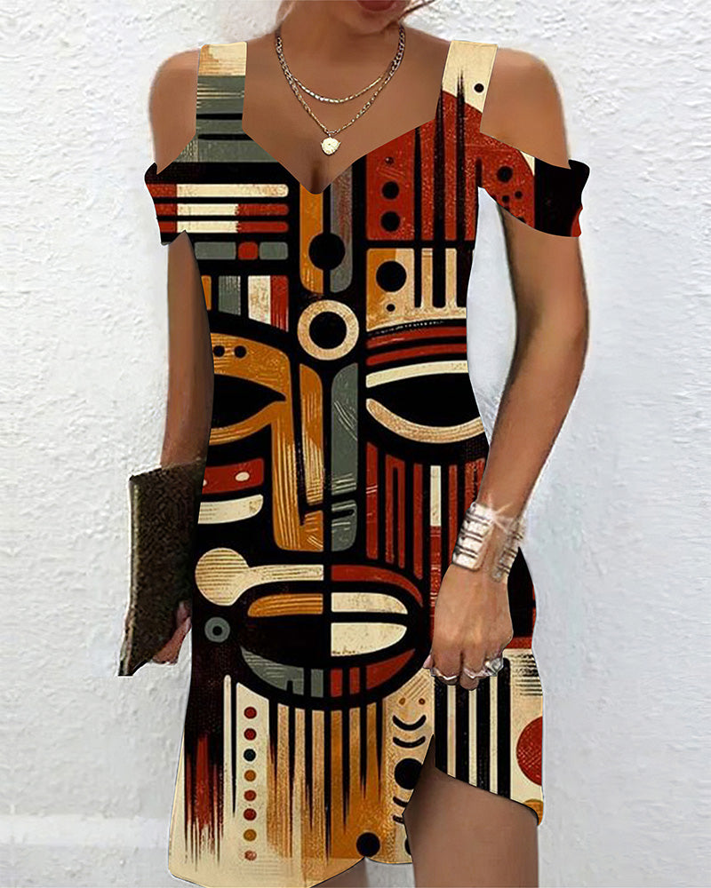Traditional Patterns Print V Neck Off Shoulder Dress