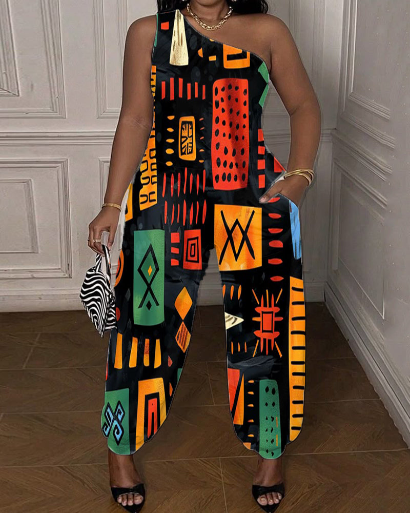 Women's Ethnic Geometric Print One-shoulder Jumpsuit