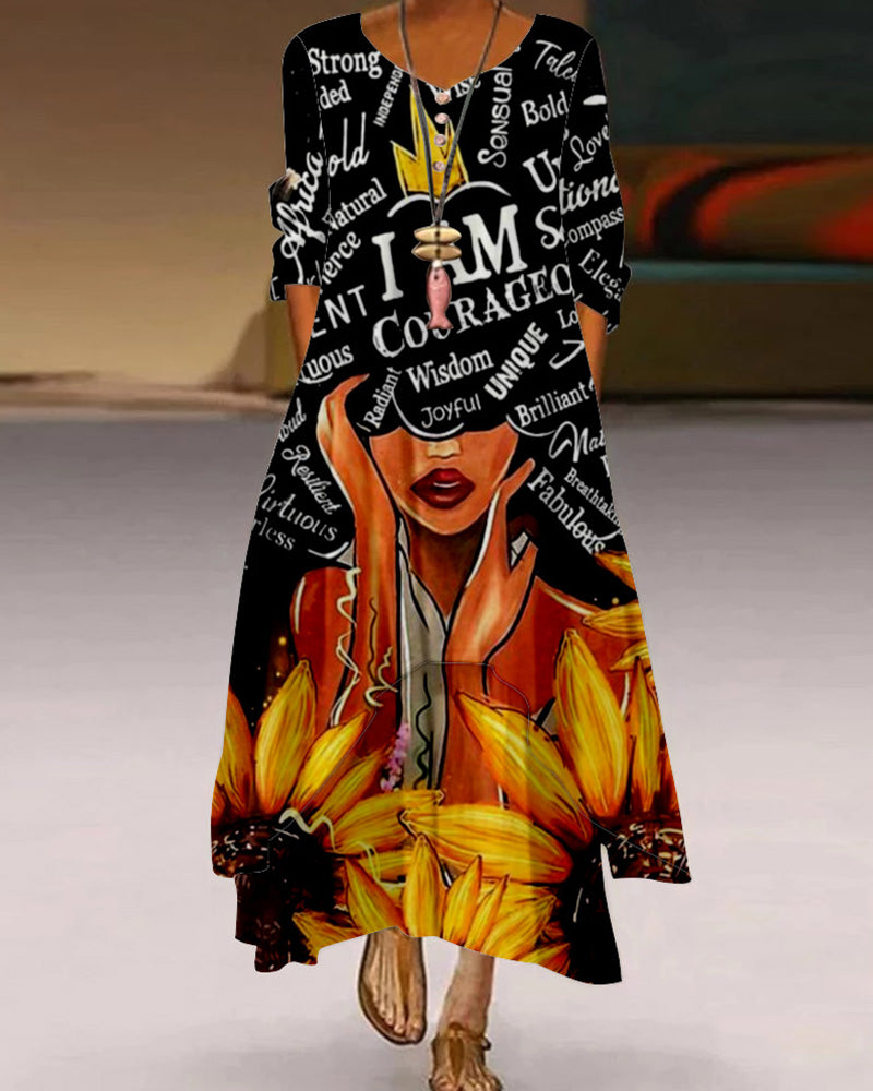 Personalized sunflower letter print round neck long-sleeved dress