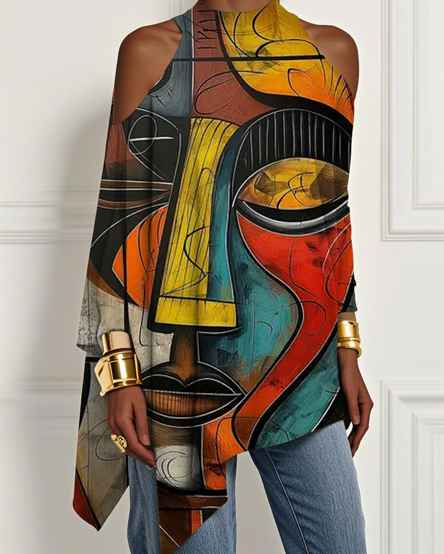 Abstract Ethnic Print Irregular Off-shoulder Top