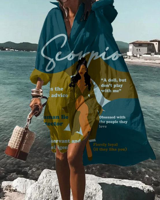 Lapel Scorpio Girly Season Loose Long Sleeve Shirt Dress