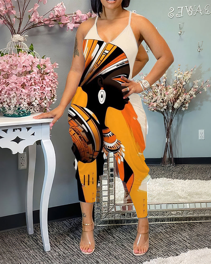 African History Abstract Retro Portrait Print V-Neck Sleeveless Jumpsuit