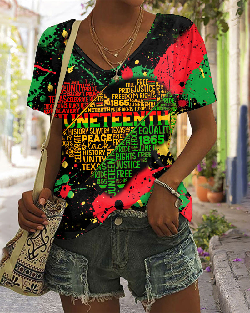 Juneteenth Graffiti Heart V Neck Short Sleeve Tshirt