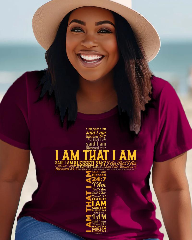 Black Slogan Cross Print Short Sleeved Round Neck T-shirt
