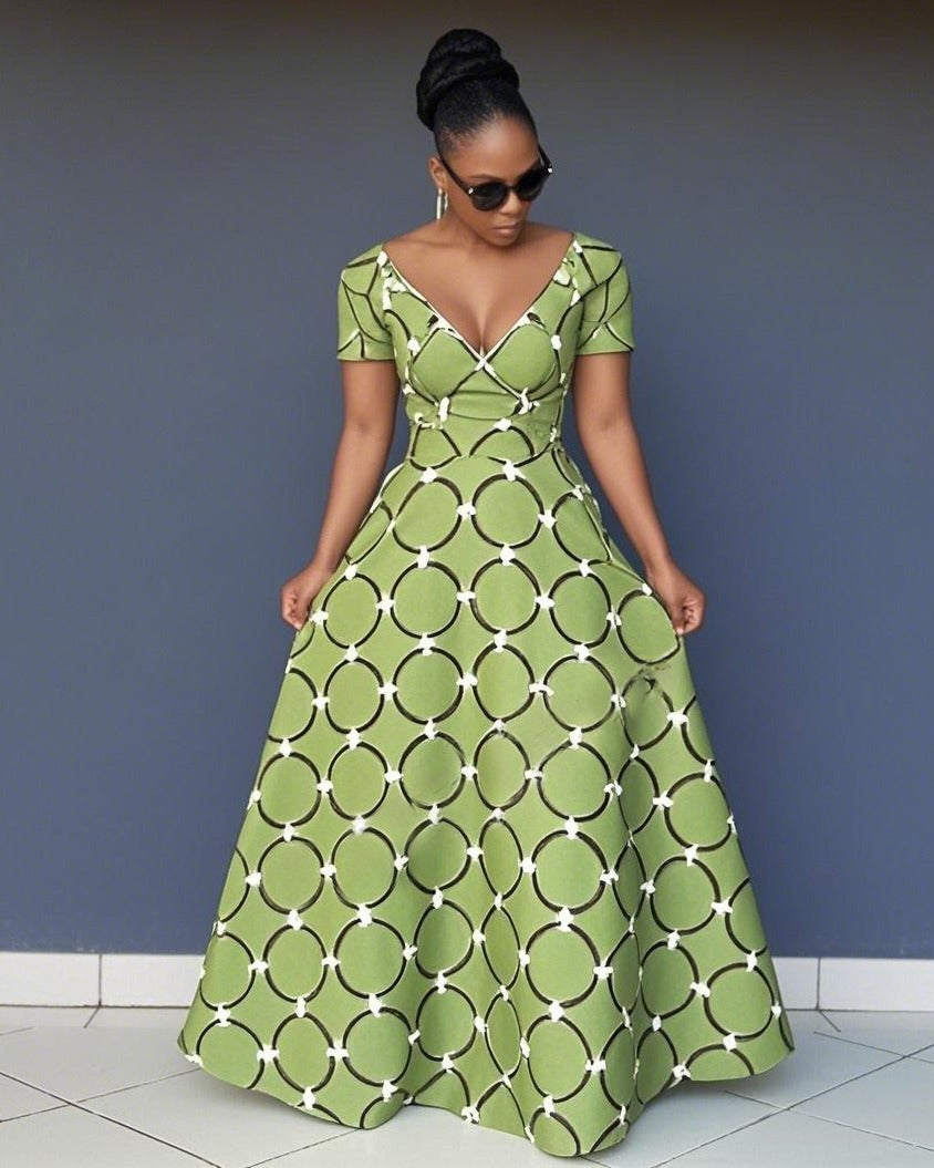V Neck African Circular Print Short Sleeve Maxi Dress