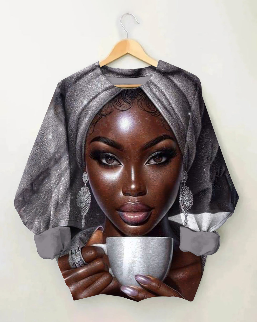 Women's Fashion Calm Art Black Woman Print Long-sleeved Sweatshirt