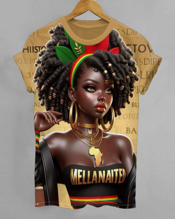 African Curly Hair Girl Crew Neck Short Sleeve T-shirt