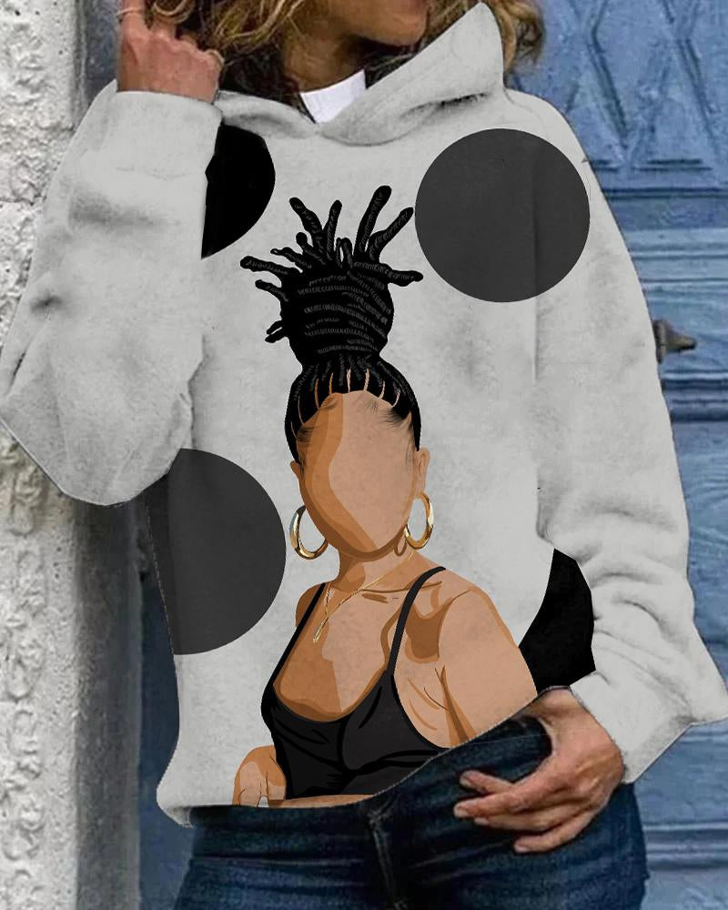 Brown Women Cartoon Print Long Sleeves Hoodie