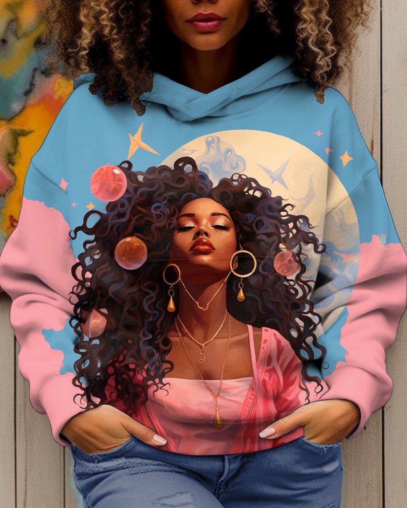 Women's Cute Curly Hair Girls Color Block Long Sleeve Pullover Hoodie