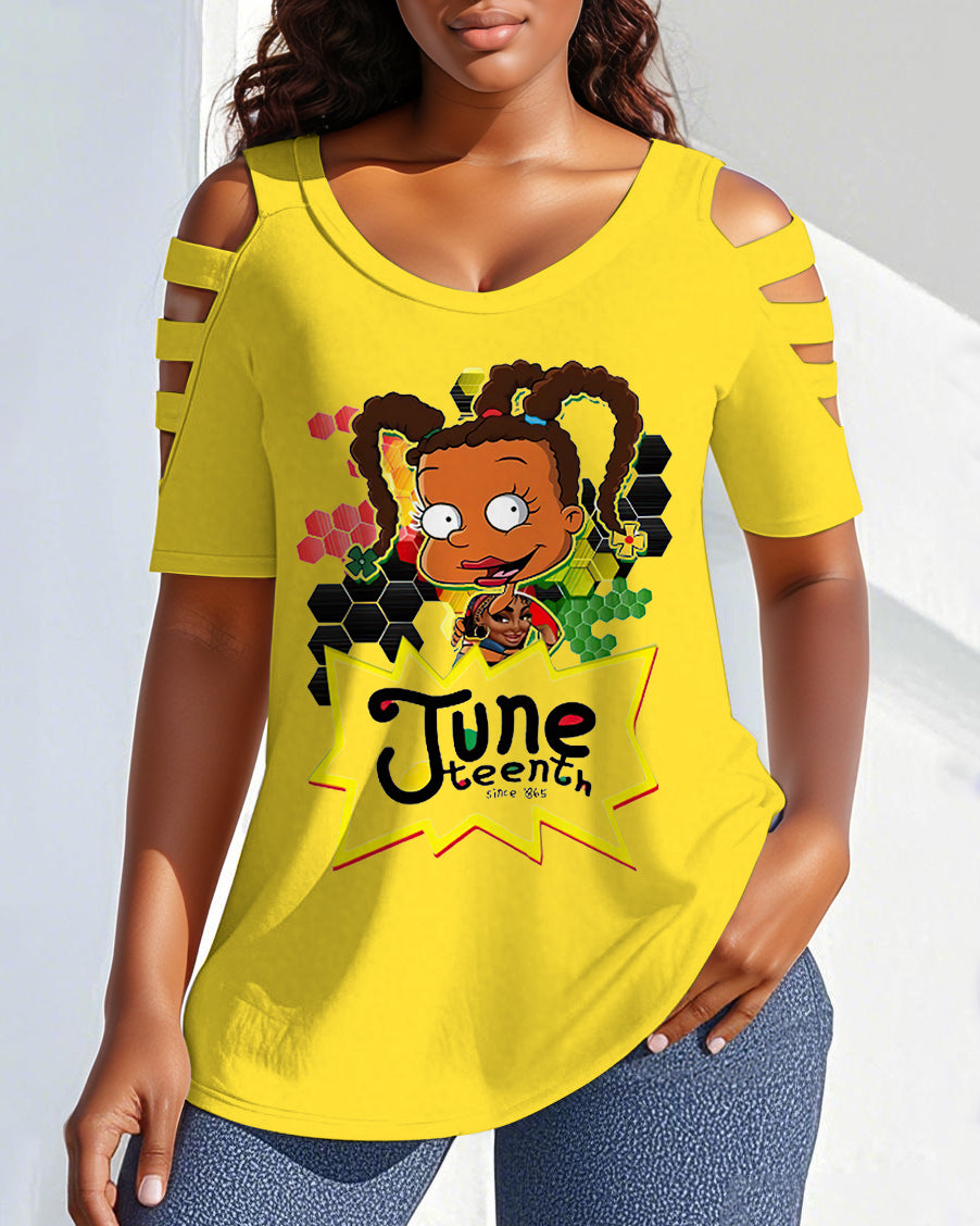 Juneteenth Cartoon Girl Round Neck Off-shoulder Short-sleeved T-shirt