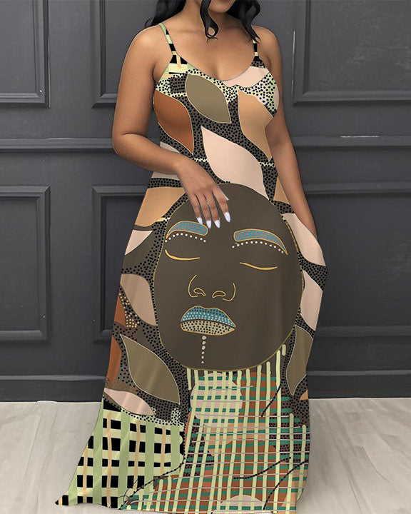 Colorful Abstract Portrait V-Neck Pocket Cami Dress