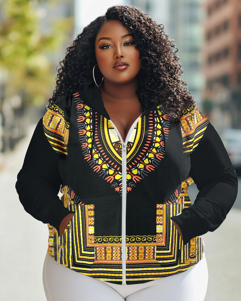 Ankara Black Classic Print Long Sleeve Zipper Hoodie
