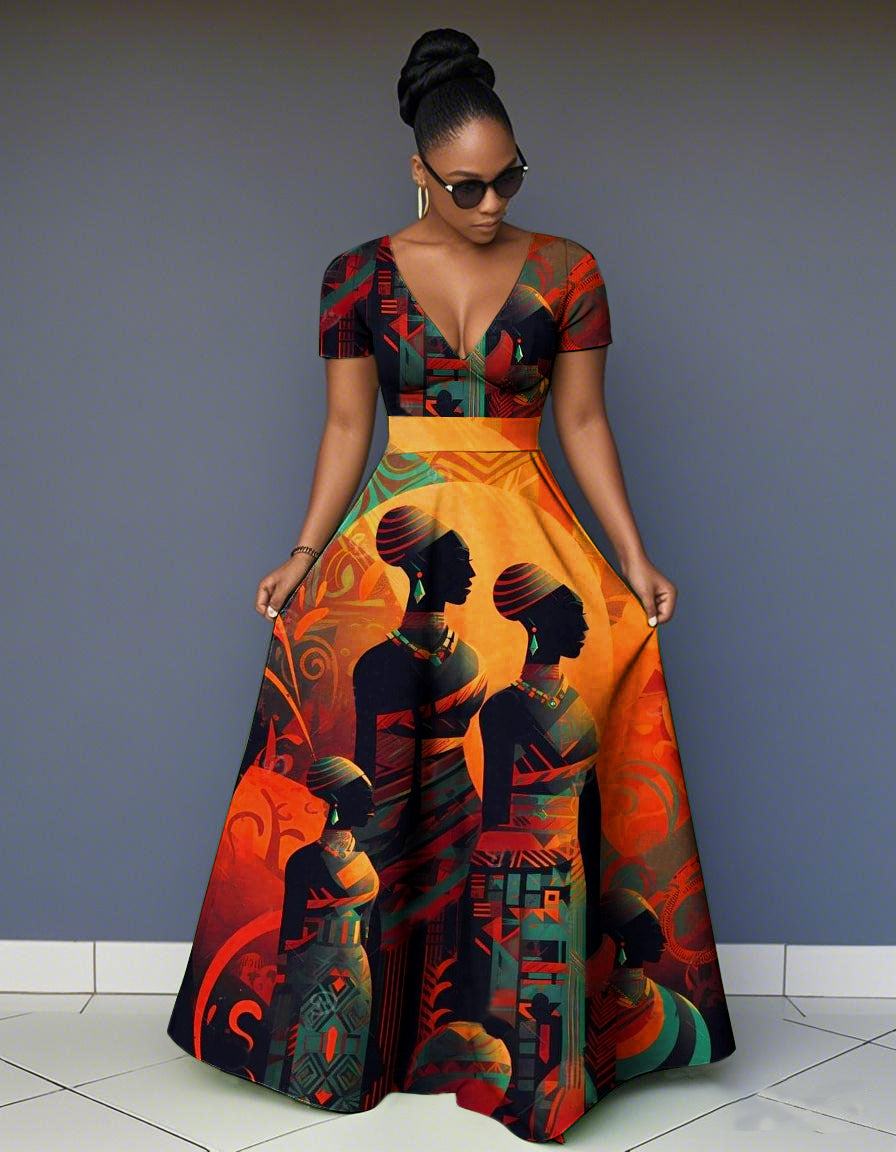 V Neck Beautiful African Woman Short Sleeve Maxi Dress