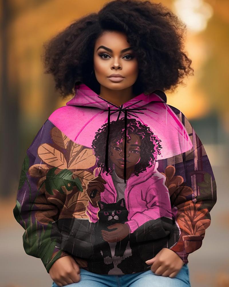 Black Girl Rainy Oil Painting Printed Hoodie