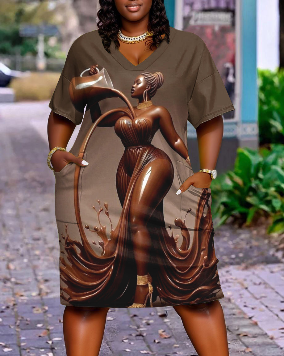 Brown Suger Women Art Casual V-neck Pocket Dress