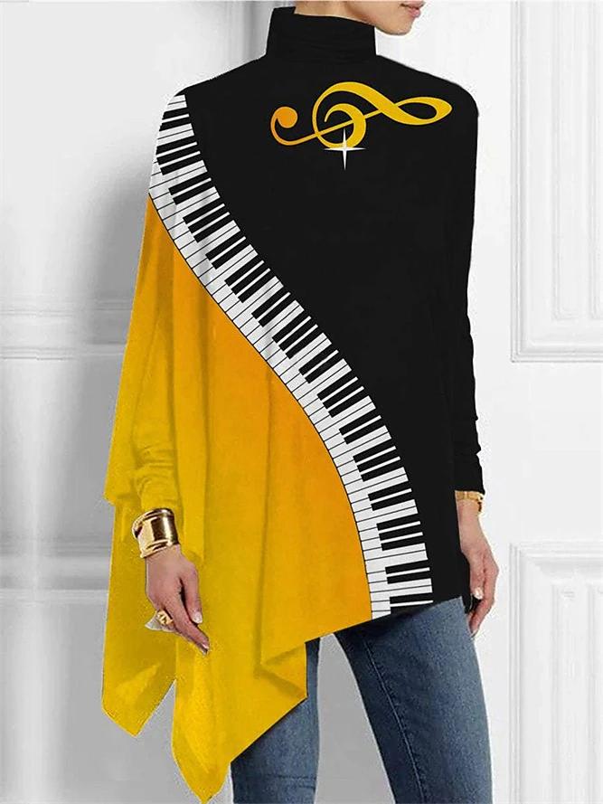 Fun Guitar Print Half Turtleneck Hem Top