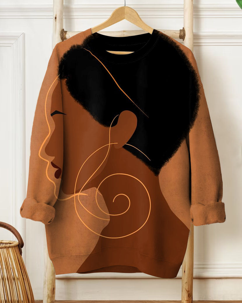 Women's Crew Neck Long Sleeve Black Print Sweatshirt
