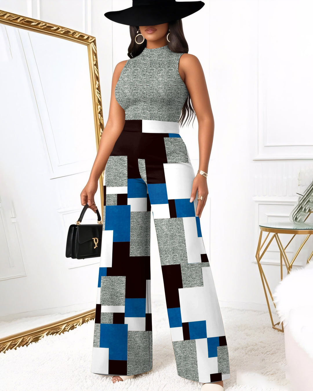 Round Neck Fun Geometric Blocks Wide Leg Jumpsuit